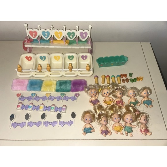 Tyco Quint Vintage 1994 Tyco Quints Nursery Playset Lot 10 Babies Accessories + Bunny Slipp